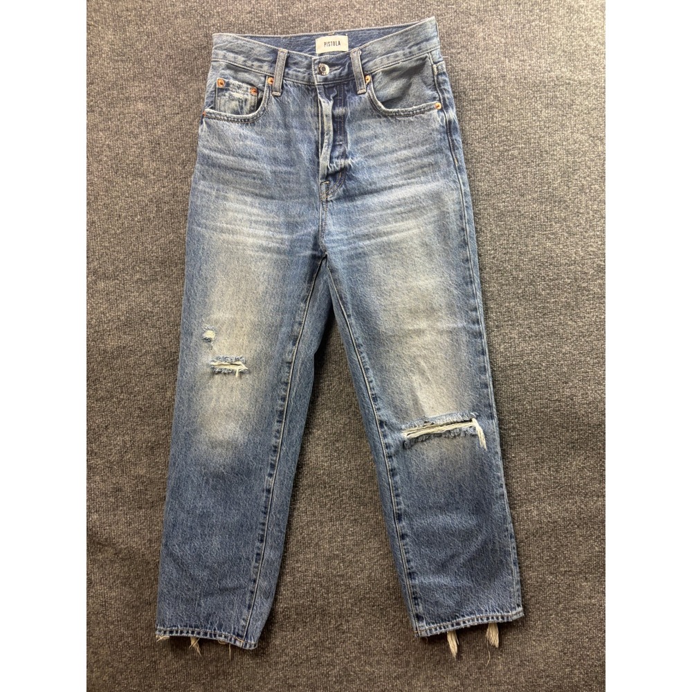 Pistola Straight Leg Jeans Women 24 Blue Distressed High Rise Raw Hem HNORD